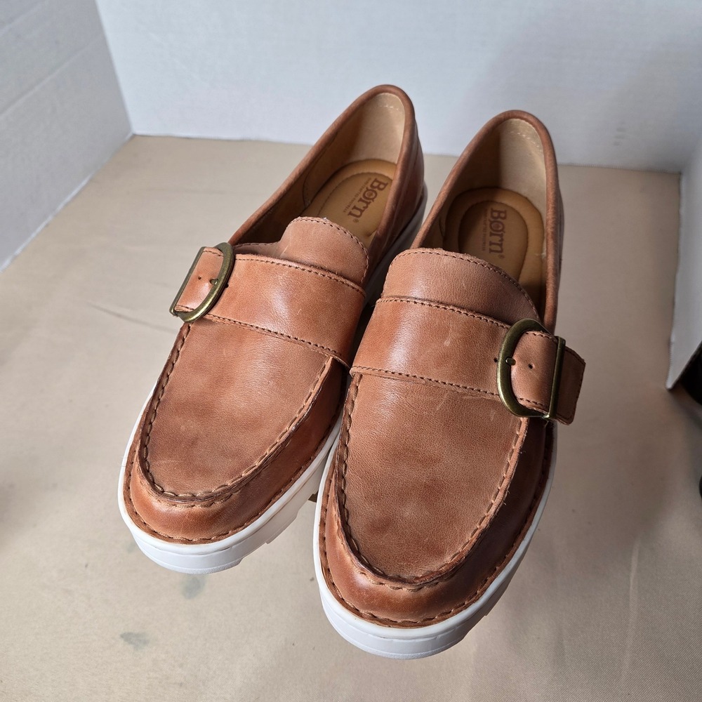Born Contessa Tan Leather Platform Loafers Buckle Strap Lug Sole Shoes Womens 9M - Picture 2 of 15